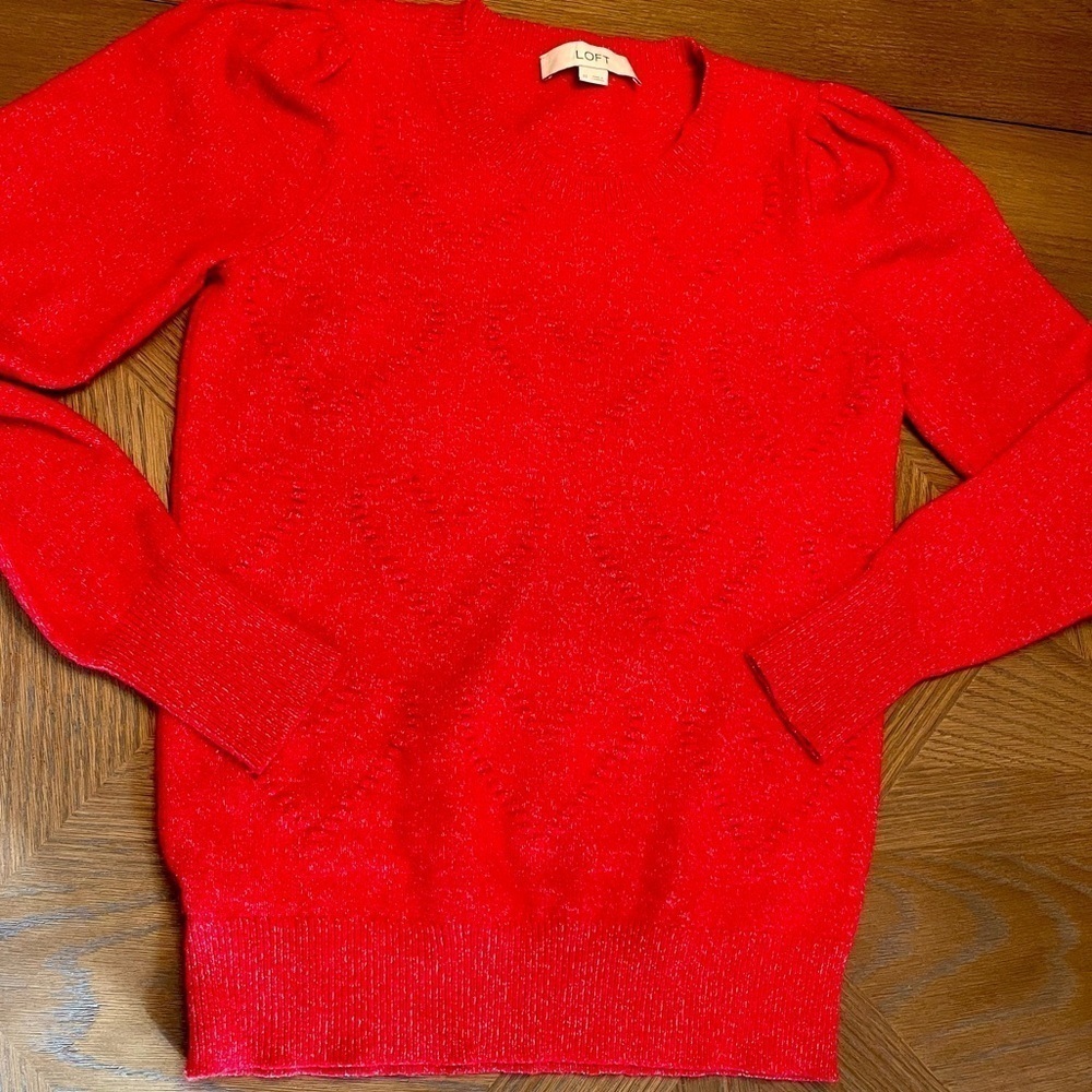 LOFT Red Puff Sleeves Hearts Valentine’s Day Crewneck knit Sweater